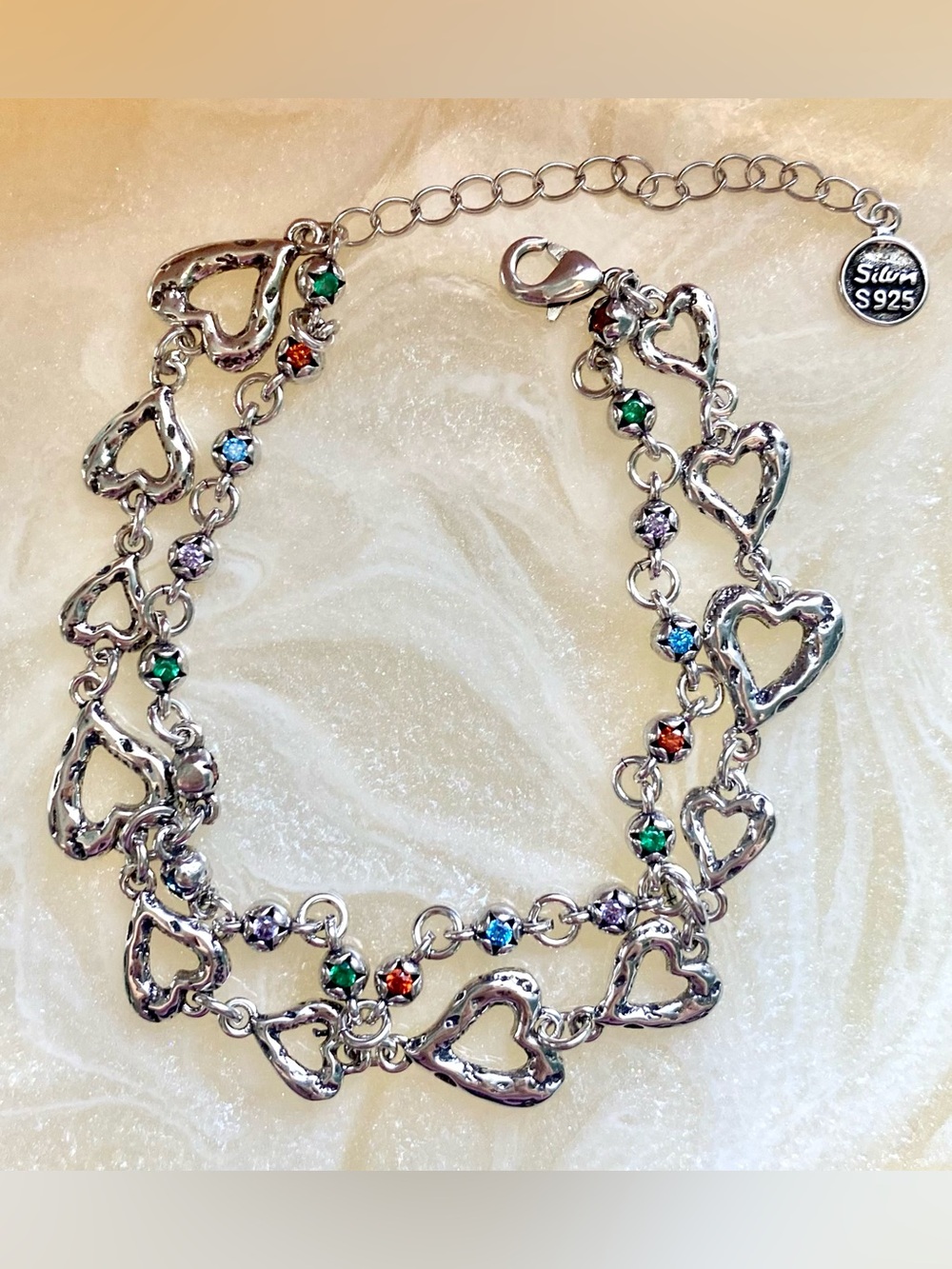 Sterling Silver Heart Link  bracelet with Multicolor Crystal Accents